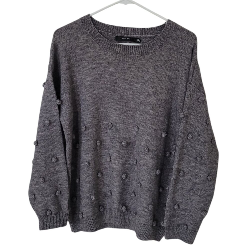 Doe & Rae Pom Pom Pullover Sweater Gray Womens Small Cottagecore Boho NWT - Picture 3 of 9